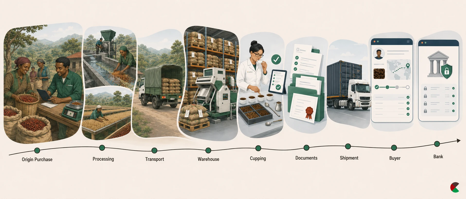 Illustrated coffee workflow from origin and financing through warehouse, logistics, documents, shipment, buyers, and reporting