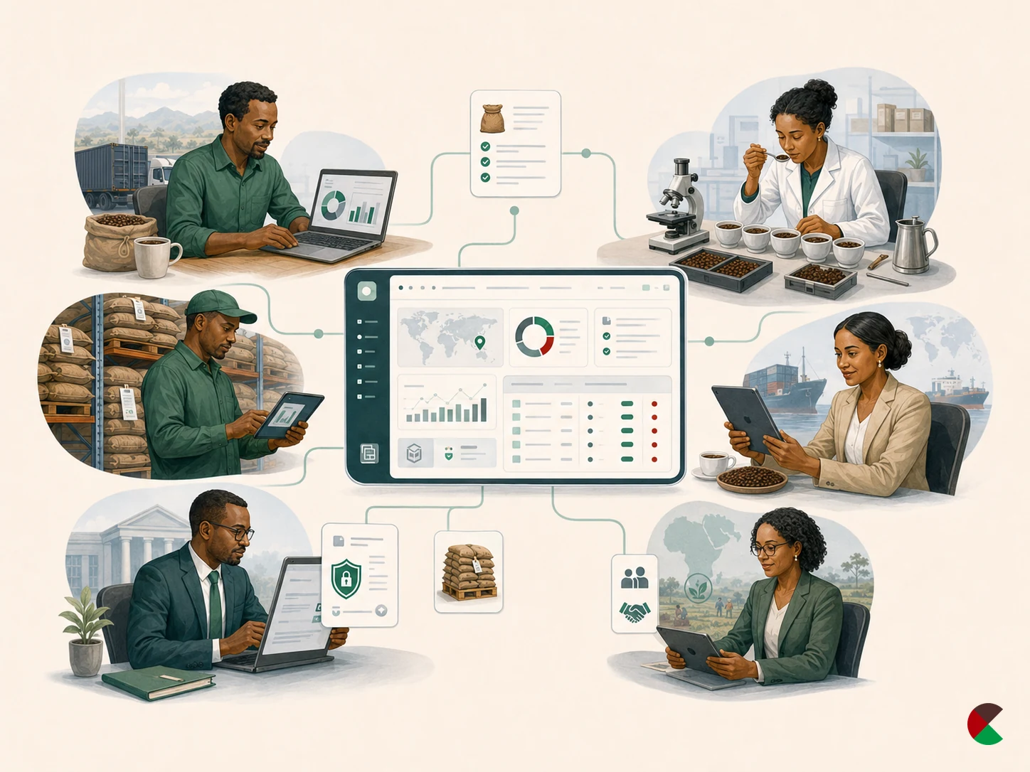 Coffee sector stakeholders connected by shared operational records