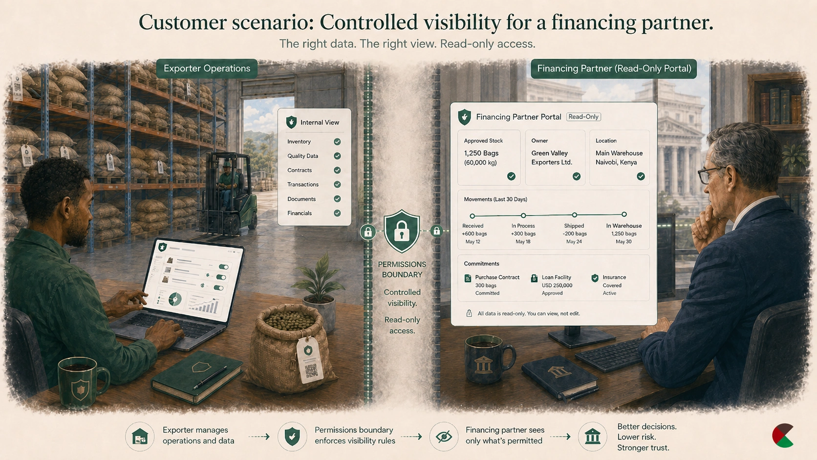 Financing partner viewing approved coffee stock and movement information through a controlled portal