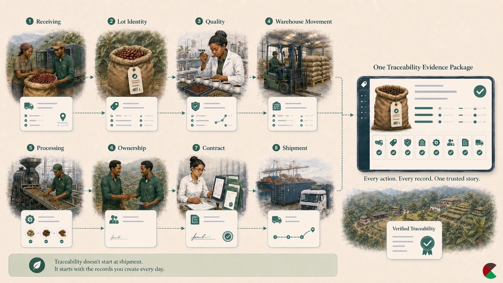 Daily coffee operational records forming a traceability evidence chain