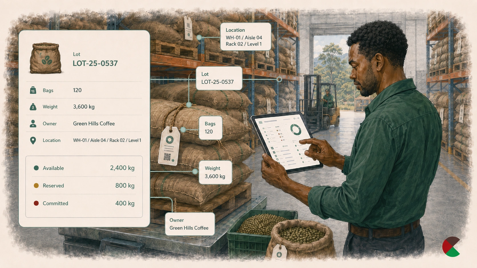 Coffee warehouse stock explained by lot, bags, kilograms, owner, location, and reservation