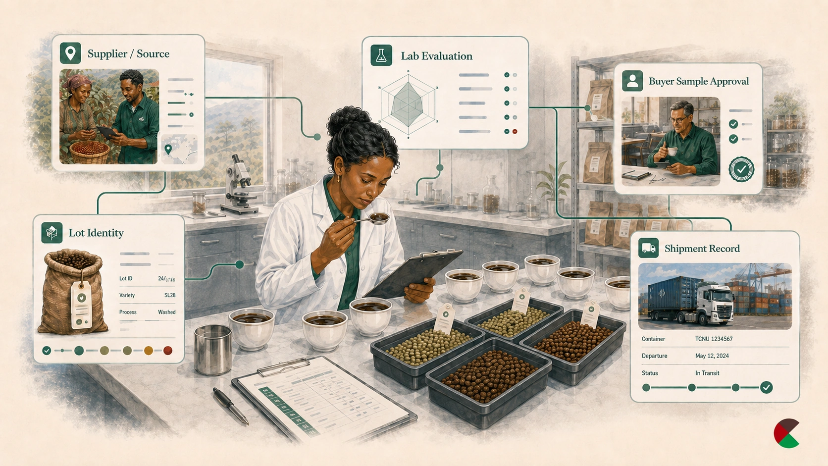 Coffee sample and lab evaluation connected to supplier, lot, buyer, and shipment records